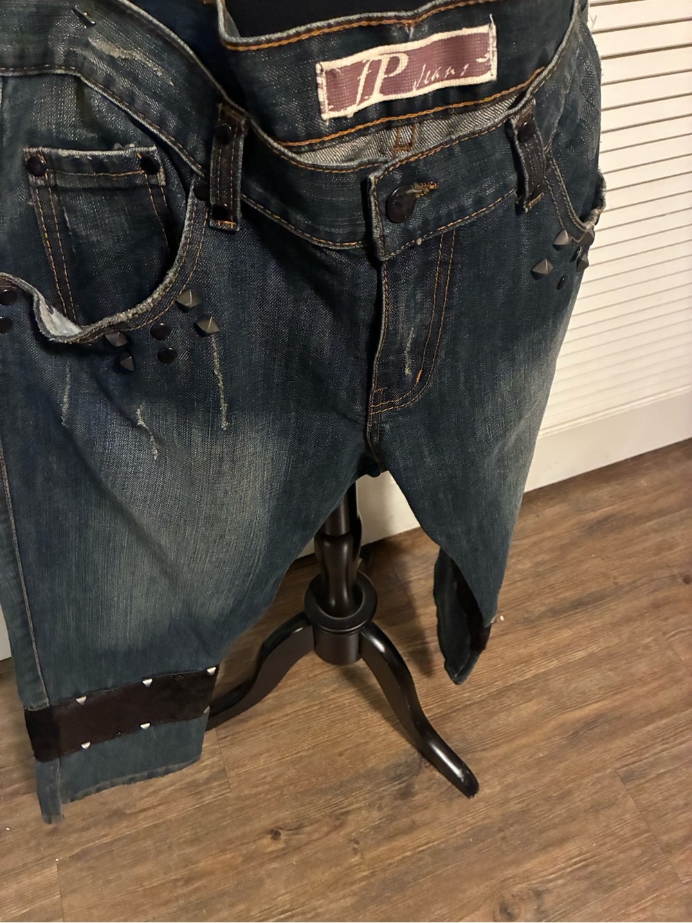 Women’s Boyfriend Jeans with Distressed Detailing and Stud Accents - Dark Blue
